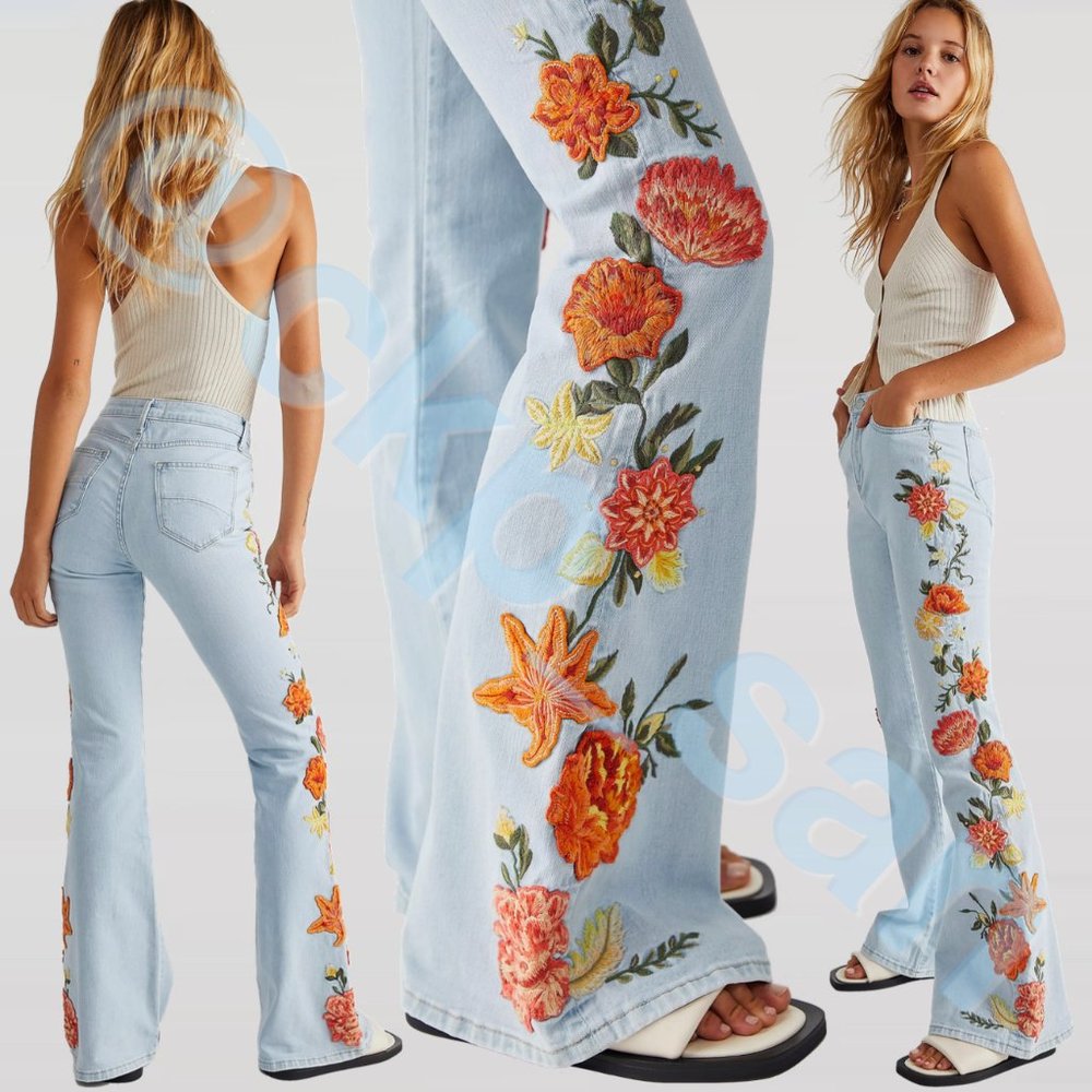 Free People x Driftwood Farrah Embroidered Flare Jeans Sz 24 - Picture 2 of 15